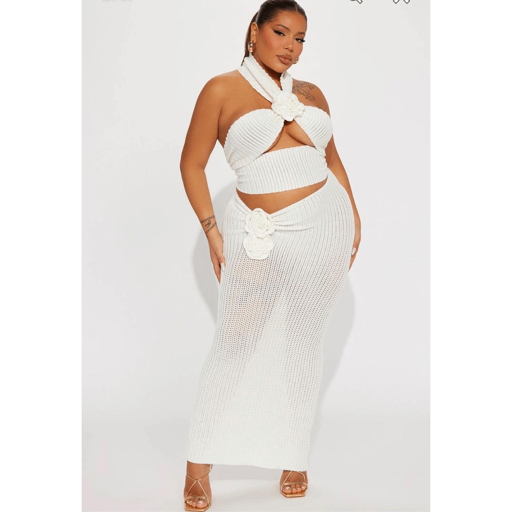 FN Skirt Set Women Ivory Halter Neck Maxi Knit Boho Chic Trendy Size 3XL